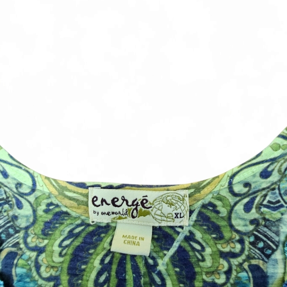 Energe By One World Cato Blue Psychedelic Pattern Boho Tee, Size XL - Picture 3 of 5